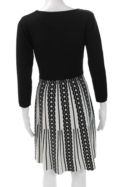 Roz & Ali Women Fit & Flare Sweater Dress Black Herringbone 3/4 Sleeve Size S
