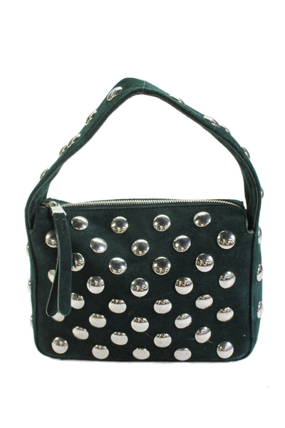 Khaite Womens Suede Silver Tone Studded Satchel Shoulder Handbag Green
