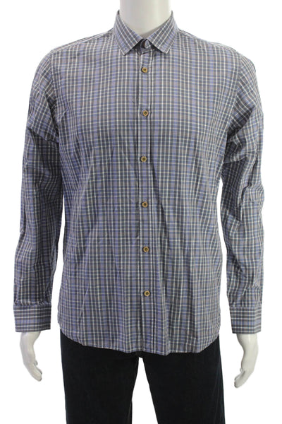 Ted Baker London Mens Button Front Collared Plaid Shirt Blue Gray Cotton Size 4