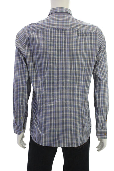 Ted Baker London Mens Button Front Collared Plaid Shirt Blue Gray Cotton Size 4