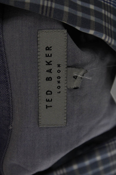 Ted Baker London Mens Button Front Collared Plaid Shirt Blue Gray Cotton Size 4