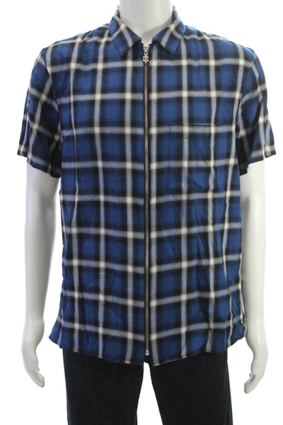 The Kooples Mens Front Zip Short Sleeve Collared Plaid Shirt Blue Size Medium