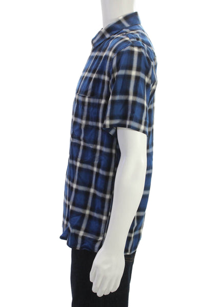 The Kooples Mens Front Zip Short Sleeve Collared Plaid Shirt Blue Size Medium