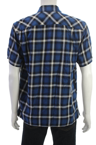 The Kooples Mens Front Zip Short Sleeve Collared Plaid Shirt Blue Size Medium