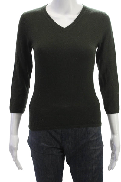 Autumn Cashmere Women Black V-Neck Pullover 100% Cashmere 3/4 Sleeve Size S