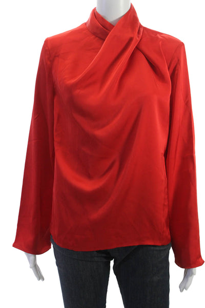 Commense Women Red Mock Neck Long Sleeve Blouse Rayon Blend Button Size S