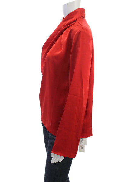 Commense Women Red Mock Neck Long Sleeve Blouse Rayon Blend Button Size S