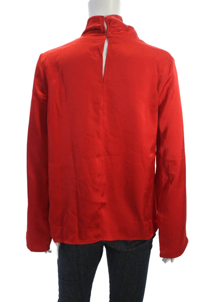 Commense Women Red Mock Neck Long Sleeve Blouse Rayon Blend Button Size S