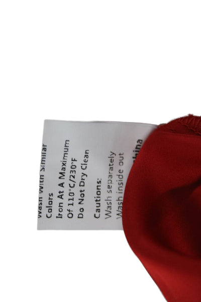 Commense Women Red Mock Neck Long Sleeve Blouse Rayon Blend Button Size S