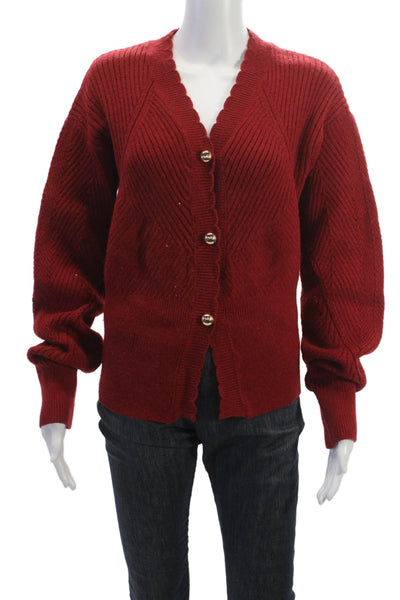 Commense Women Cardigan Red V Neck Button Long Sleeve Acrylic Blend Size XS