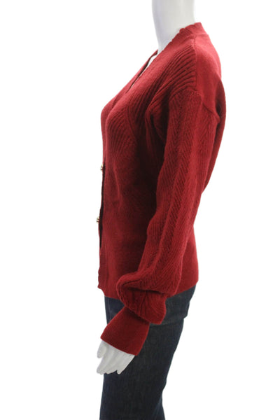 Commense Women Cardigan Red V Neck Button Long Sleeve Acrylic Blend Size XS