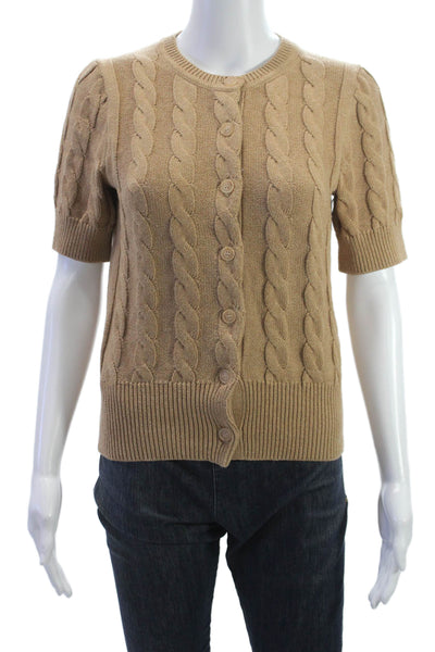 525 America Women Cardigan Brown Polyester Blend Crew Neck Short Sleeve Size XS