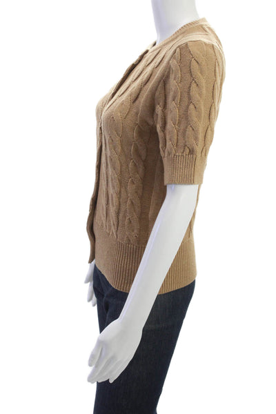 525 America Women Cardigan Brown Polyester Blend Crew Neck Short Sleeve Size XS