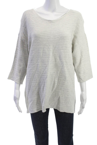 Neiman Marcus Womens Pullover Beige Striped 3/4 Sleeve Round Neck Size XL