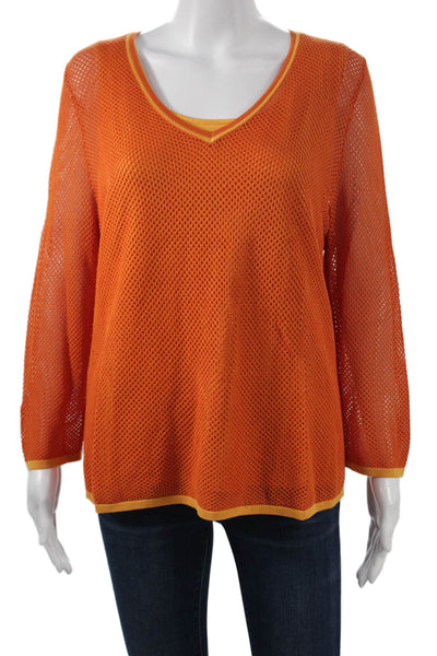 Neiman Marcus Women Orange V Neck 3/4 Sleeve Rayon Spandex Top Beach Size XL