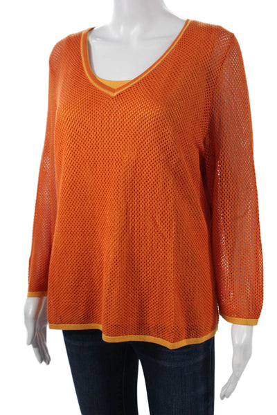Neiman Marcus Women Orange V Neck 3/4 Sleeve Rayon Spandex Top Beach Size XL