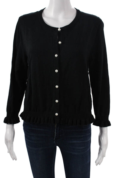 Karl Lagerfeld Womens Black Floral Cardigan Round Neck 3/4 Sleeve Button Size L