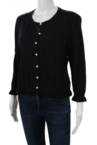 Karl Lagerfeld Womens Black Floral Cardigan Round Neck 3/4 Sleeve Button Size L
