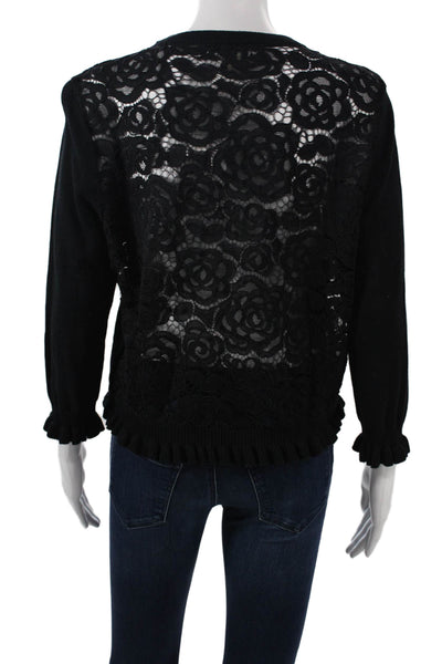 Karl Lagerfeld Womens Black Floral Cardigan Round Neck 3/4 Sleeve Button Size L