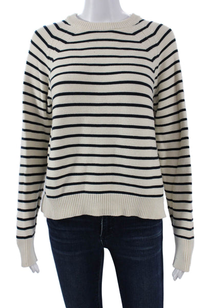French Connection Unisex Beige Striped Cotton Blend Pullover Long Sleeve Size L
