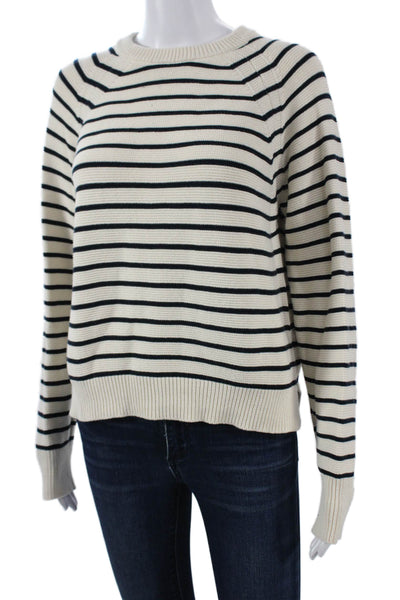 French Connection Unisex Beige Striped Cotton Blend Pullover Long Sleeve Size L