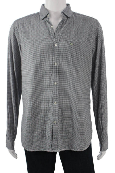 Lacoste Mens Button Front Long Sleeve Collared Gingham Shirt Navy White Size 40