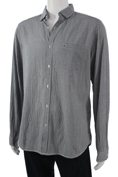 Lacoste Mens Button Front Long Sleeve Collared Gingham Shirt Navy White Size 40
