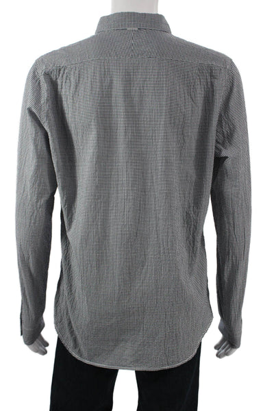 Lacoste Mens Button Front Long Sleeve Collared Gingham Shirt Navy White Size 40