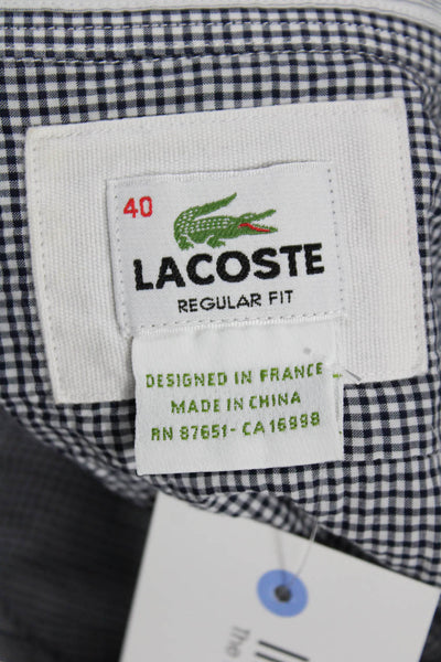 Lacoste Mens Button Front Long Sleeve Collared Gingham Shirt Navy White Size 40