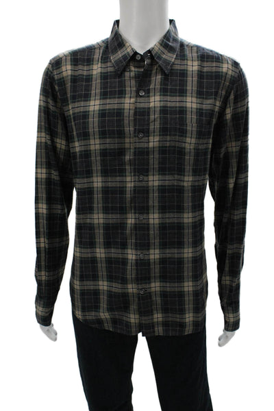 Vince Mens Plaid Print Collared Long Sleeve Button-Down Shirt Beige Size L