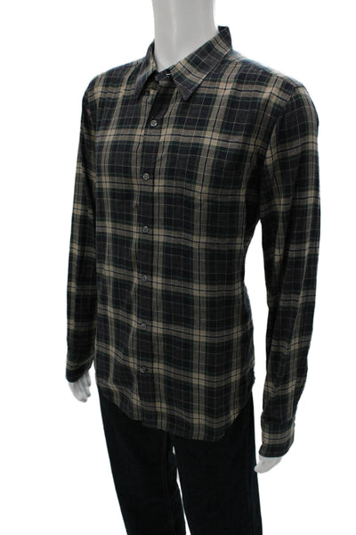 Vince Mens Plaid Print Collared Long Sleeve Button-Down Shirt Beige Size L