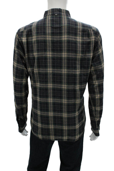 Vince Mens Plaid Print Collared Long Sleeve Button-Down Shirt Beige Size L