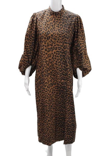 Ganni Womens Shift Dress Brown Leopard High Neck Long Sleeve Zip Size 38