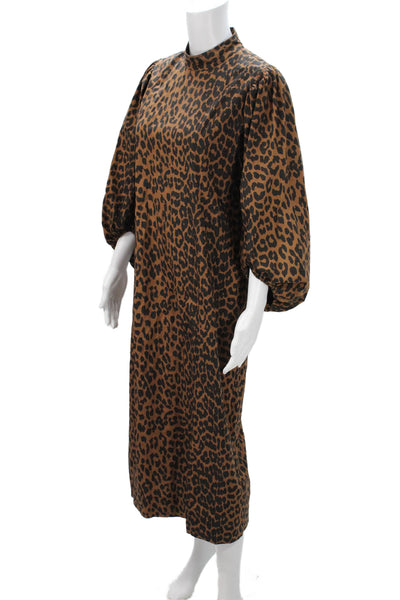 Ganni Womens Shift Dress Brown Leopard High Neck Long Sleeve Zip Size 38