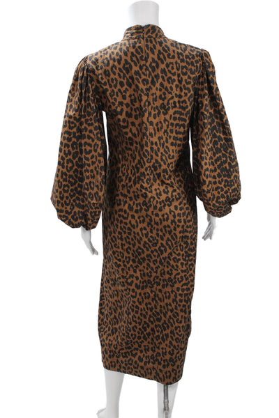 Ganni Womens Shift Dress Brown Leopard High Neck Long Sleeve Zip Size 38