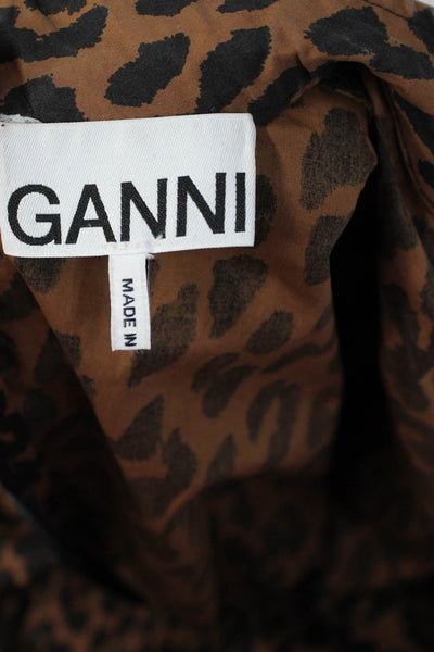 Ganni Womens Shift Dress Brown Leopard High Neck Long Sleeve Zip Size 38