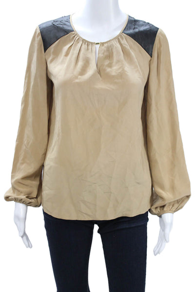 Cynthia Steffe Womens Beige Silk Long Sleeve Round Neck Blouse Size 2