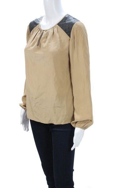 Cynthia Steffe Womens Beige Silk Long Sleeve Round Neck Blouse Size 2