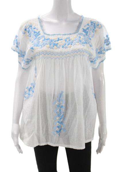CJ Laing Women Tunic Blouse White Floral Square Neck Short Sleeve Size S