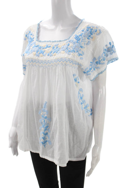 CJ Laing Women Tunic Blouse White Floral Square Neck Short Sleeve Size S