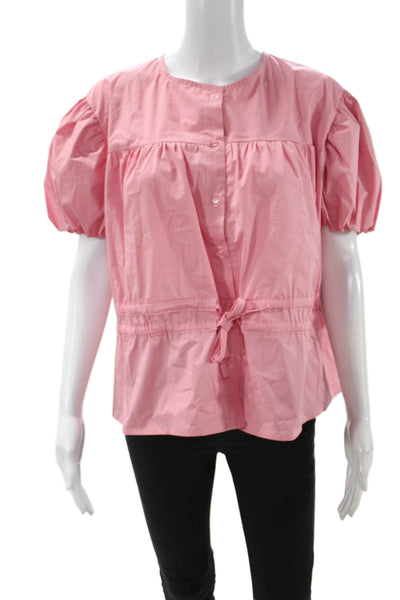 Monica Nera Women Pink Solid Button Up Blouse Short Sleeve Round Neck Size XS