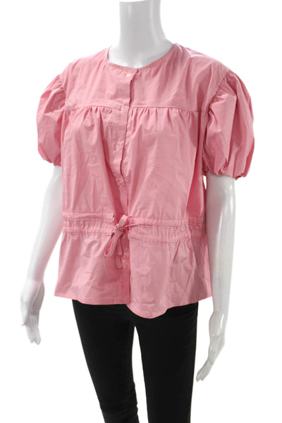 Monica Nera Women Pink Solid Button Up Blouse Short Sleeve Round Neck Size XS