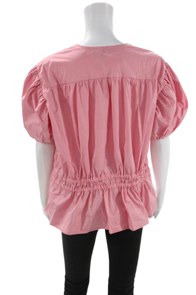 Monica Nera Women Pink Solid Button Up Blouse Short Sleeve Round Neck Size XS