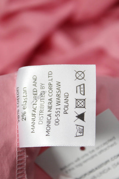Monica Nera Women Pink Solid Button Up Blouse Short Sleeve Round Neck Size XS