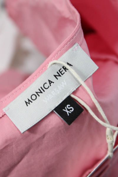 Monica Nera Women Pink Solid Button Up Blouse Short Sleeve Round Neck Size XS