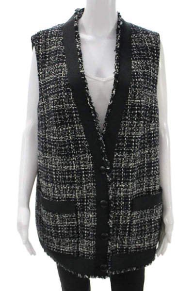 Akris Punto Womens Black Check Sleeveless V-Neck Button Vest Designer Size 16