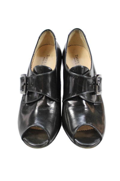 Taryn Rose Womens Leather Peep Toe Buckled Pump High Heels Black Size 9