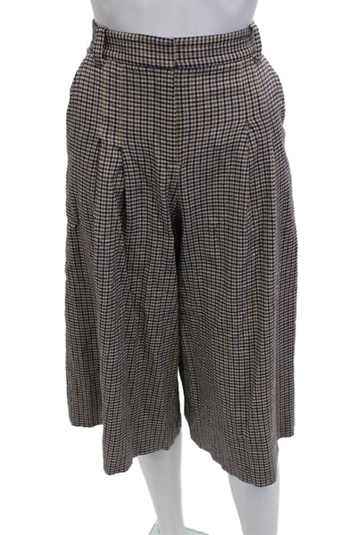 Massimo Dutti Women Cropped Check Pants Beige Button Closure Size 2
