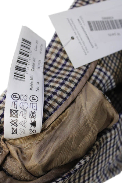 Massimo Dutti Women Cropped Check Pants Beige Button Closure Size 2