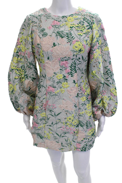 MacDuggal Women Shift Dress Gray Floral Long Sleeve Round Neck Polyester Size 4